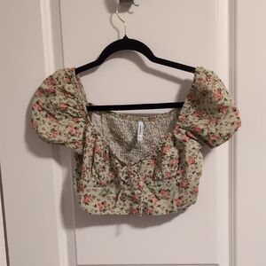 aerie Sage Green Floral Puff-Sleeve Crop Top Never Worn